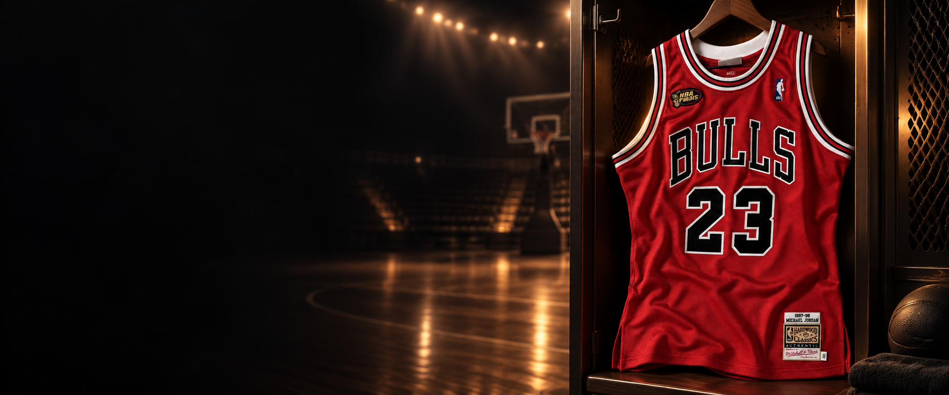 Red Chicago Bulls #23 basketball jersey in a dark arena locker room