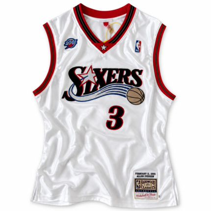 Allen Iverson Philadelphia 76ers 1996-97 white jersey, front on white background