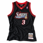 Allen Iverson Philadelphia 76ers 1997-98 black jersey front on white background