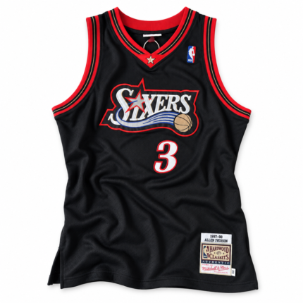 Allen Iverson Philadelphia 76ers 1997-98 black jersey front on white background
