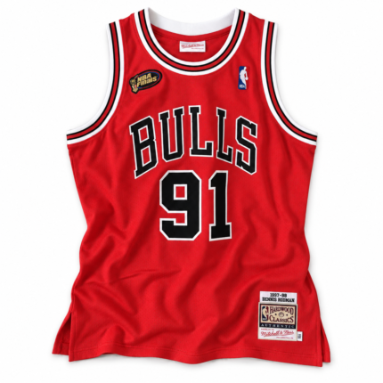 Dennis Rodman Chicago Bulls 1997-98 Finals red jersey front on white background