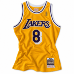 Kobe Bryant Lakers 1996-97 gold basketball jersey, front view on white background