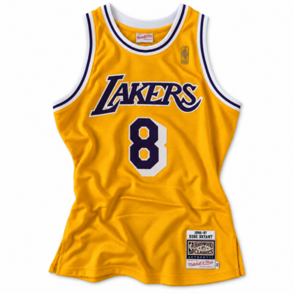 Kobe Bryant Lakers 1996-97 gold basketball jersey, front view on white background