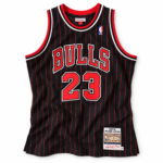 Michael Jordan Chicago Bulls 1995–96 black with red pinstripes jersey front on white background