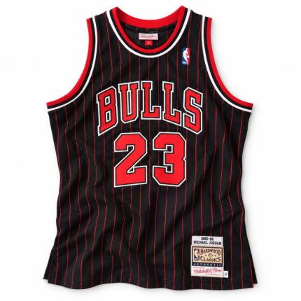 Michael Jordan Chicago Bulls 1995–96 black with red pinstripes jersey front on white background