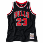 Michael Jordan Chicago Bulls 1997–98 black jersey front on white background