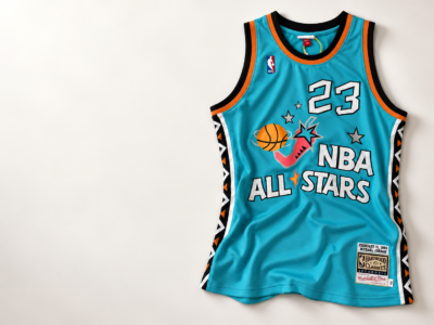 Teal 1996 NBA All-Star number 23 basketball jersey on an ivory background
