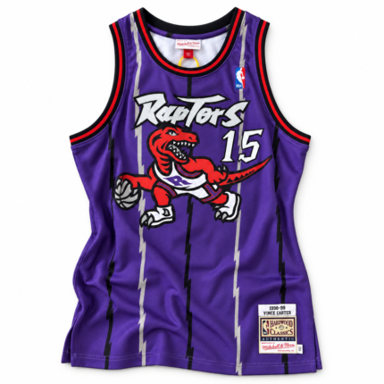 Vince Carter Toronto Raptors 1998–99 rookie season purple jersey front on white background